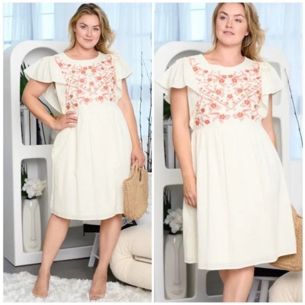 Polagram Flutter Sleeve Embroidered Floral Boho Mini Dress Size XXXL Ivory
